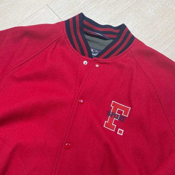 90s Vintage Faconnable Red Wool Bomber Jacket Medium Letterman Style - Picture 2 of 8